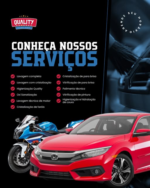 Publicação da Quality com seus serviços de detalhamento para carros e motos